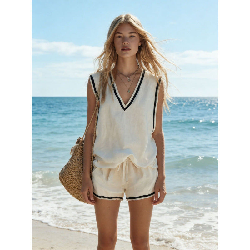 Women's V-Neck Vest & Shorts Two-Piece Set FitiqueFit