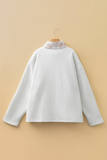 Gray Camo Leaves Patchwork Zipped Collar Pullover Plus Size Sweatshirt Garden Naked Curves