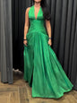 Emerald Green Plunging Neckline Gown With Pleated Skirt And Side Slit See size chart under “more details” The Fashion Celestial