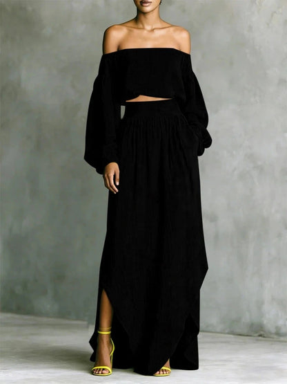Off-Shoulder Top & Asymmetrical Maxi Skirt Set – Women's 2-Piece Outfit FitiqueFit