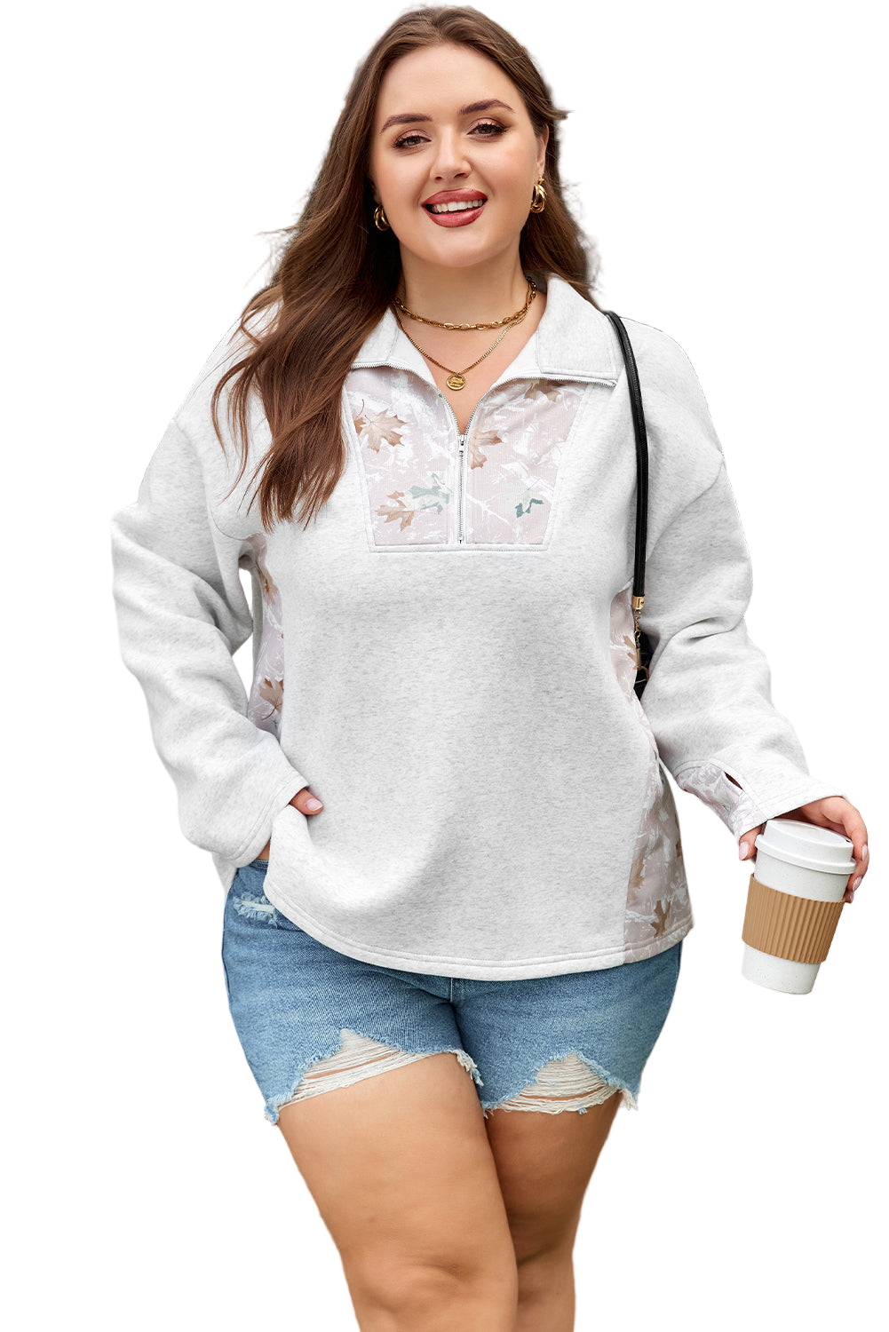 Gray Camo Leaves Patchwork Zipped Collar Pullover Plus Size Sweatshirt Garden Naked Curves