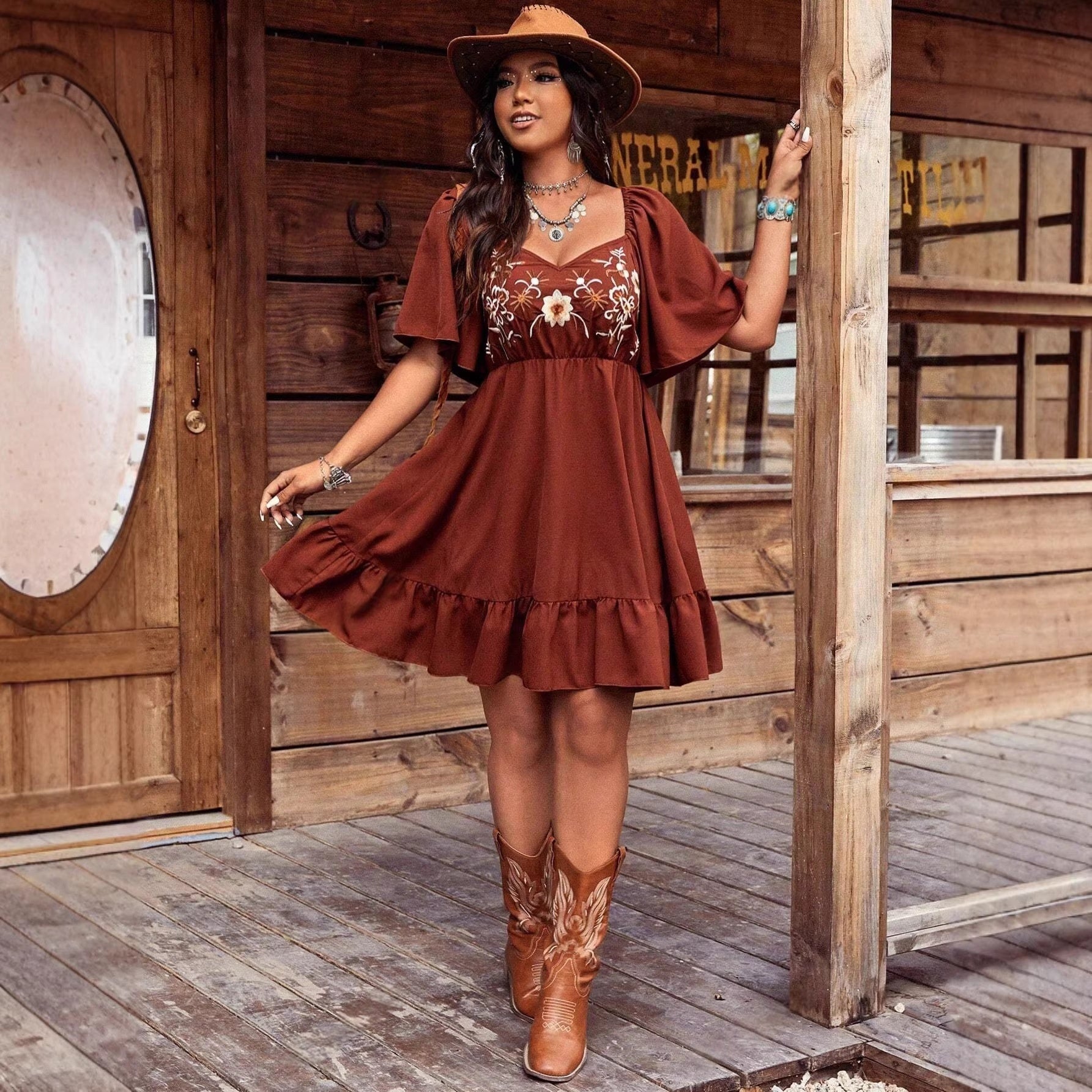 Women's Floral Embroidered Ruffle Short-Sleeve Midi Dress FitiqueFit