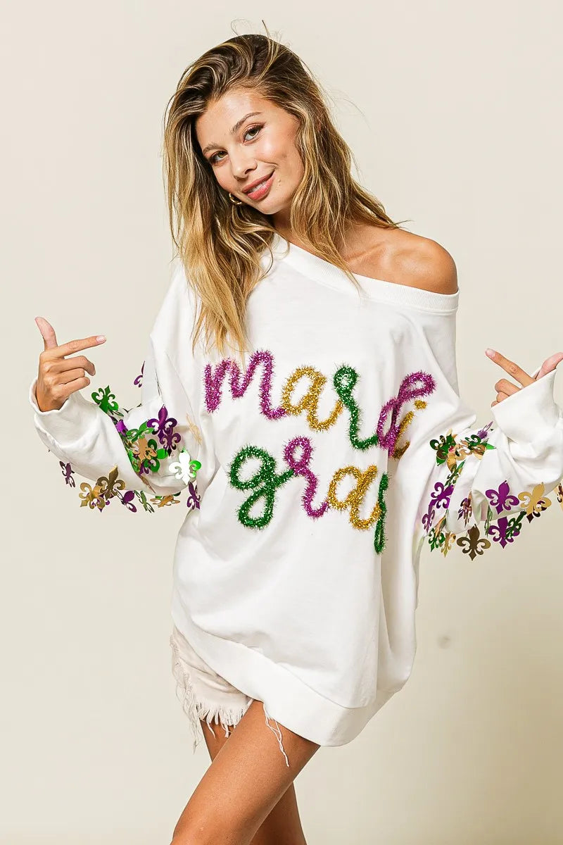 BiBi Fleur De Lis Sleeve Mardi Gras Pullover FitiqueFit