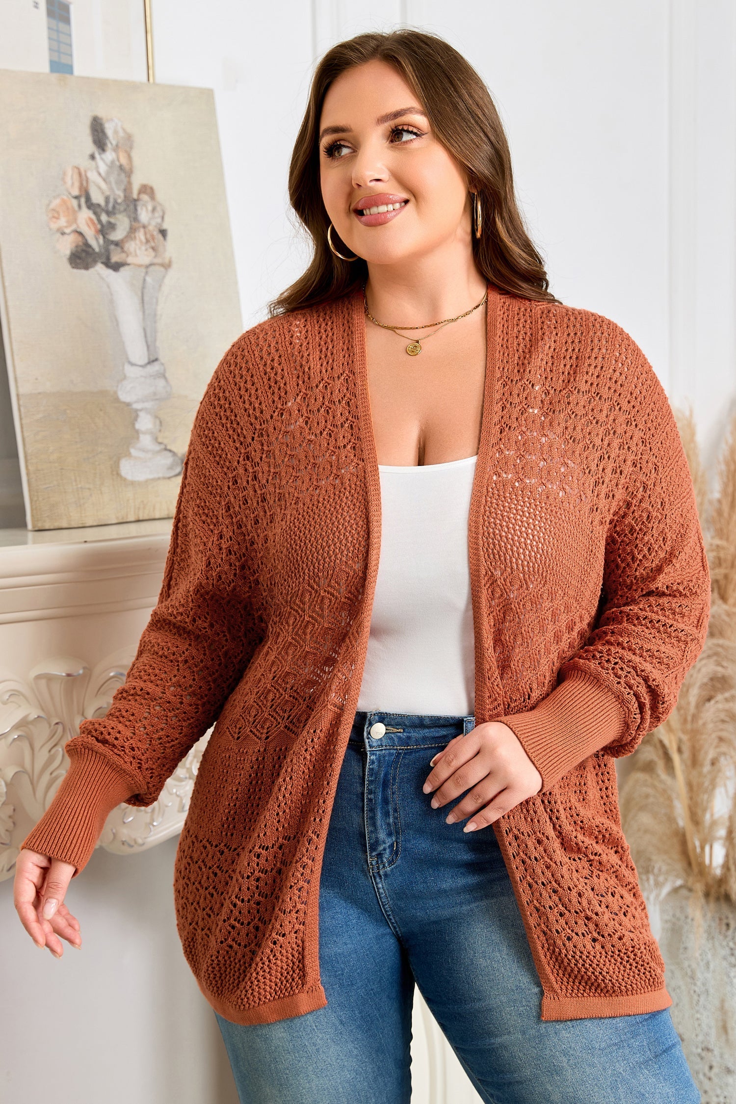 Redwood Burl Mixed Pattern Knitted Open Front Plus Cardigan Garden Naked Curves