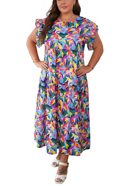 Blue Geometric Print Ruffled Short Sleeve Plus Size Tiered Maxi Dress Garden Naked Curves