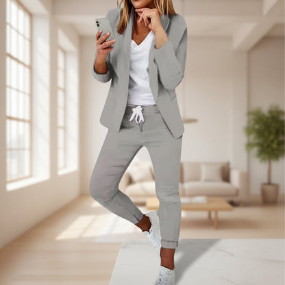 Women’s Notch-Lapel Blazer & Drawstring Pants Suit Set FitiqueFit