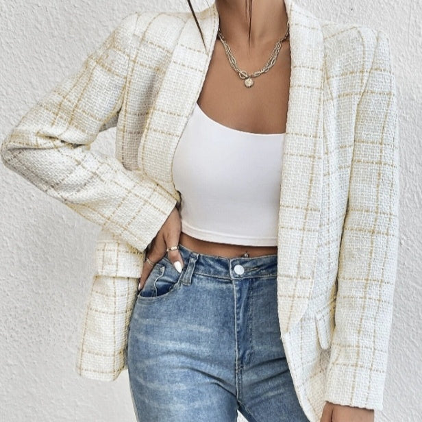 Ladies' Solid Color Linen Fake Pocket Design Fashionable Suit Jacket FitiqueFit