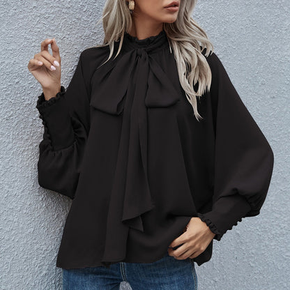 Ins Long-sleeved Blouse Bowknot Puff Sleeves Fashion Commuter Office Tops Women's Clothing See size chart under “more details” The Fashion Celestial