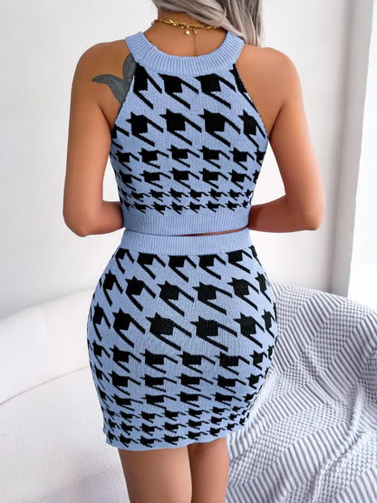 Houndstooth Sleeveless Top and Skirt Sweater Set See size chart under “more details” The Fashion Celestial