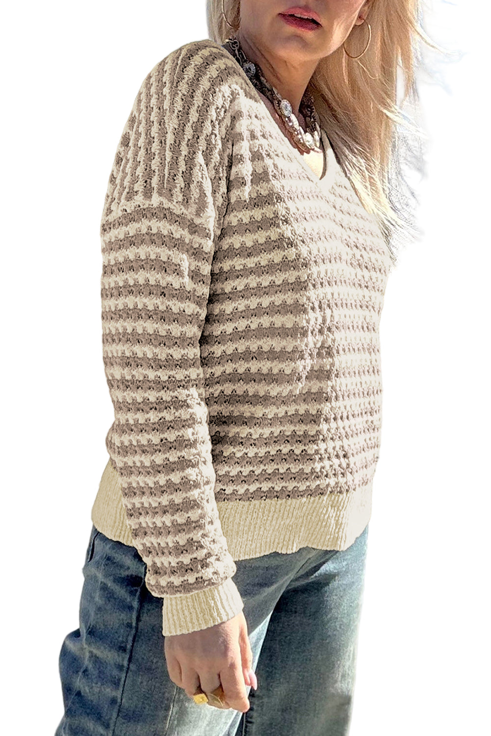 Khaki Stripe Plus Size V Neck Drop Shoulder Sweater Garden Naked Curves