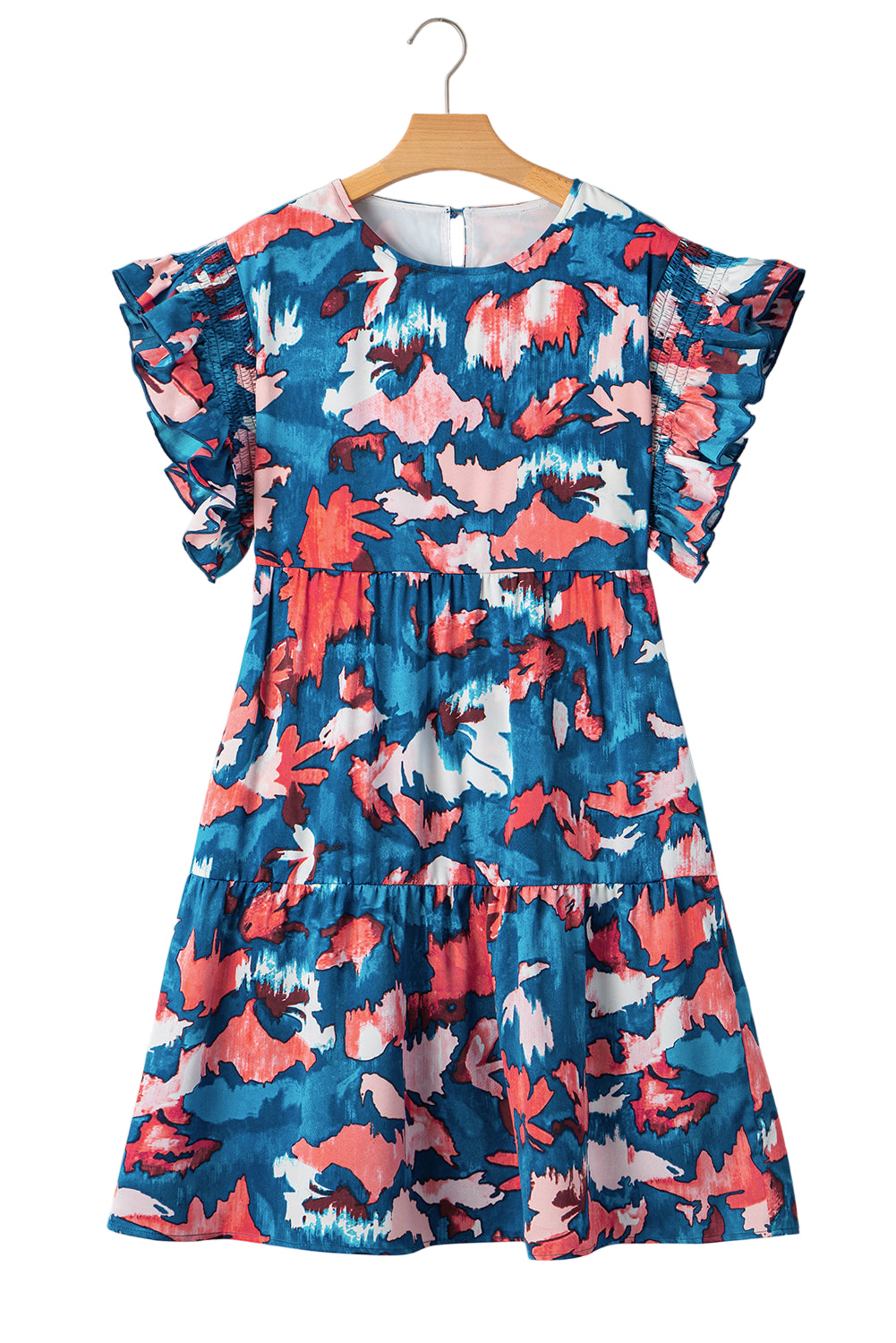 Blue Abstract Print Shirred Ruffled Short Sleeve Tiered Plus Size Mini Dress Garden Naked Curves