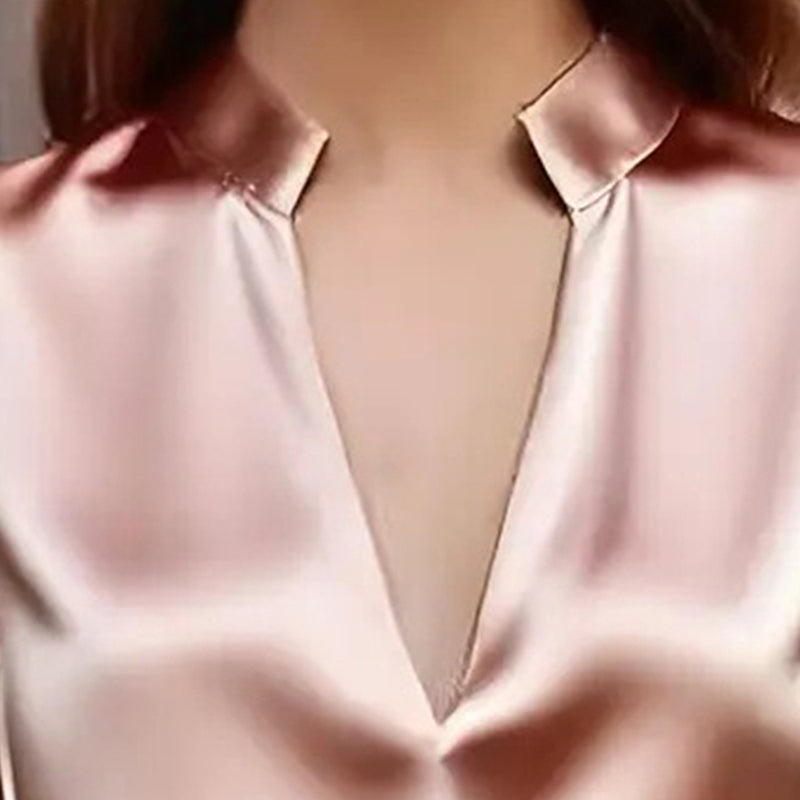 Women’s Satin V-Neck Long Sleeve Top – Slim Fit Solid Color Blouse FitiqueFit