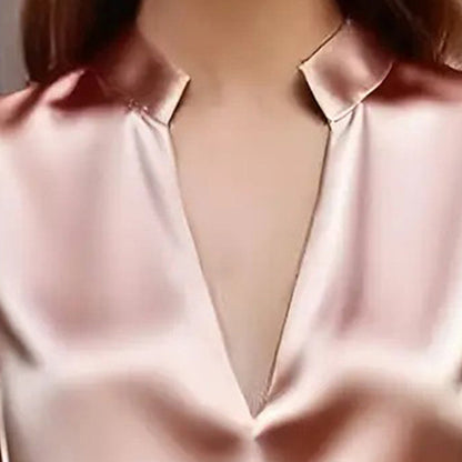 Women’s Satin V-Neck Long Sleeve Top – Slim Fit Solid Color Blouse FitiqueFit