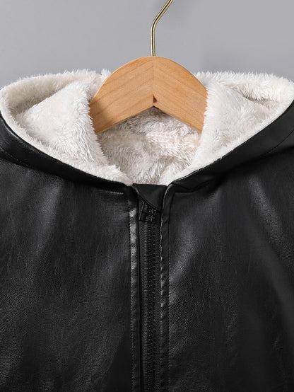 Boys' Faux Leather Jacket with Fleece Lining - Thickened Winter Coat, Full-Zip Front Closure, Machine Washable, Casual Style for Fall/Winter, Regular Fit NovaCart