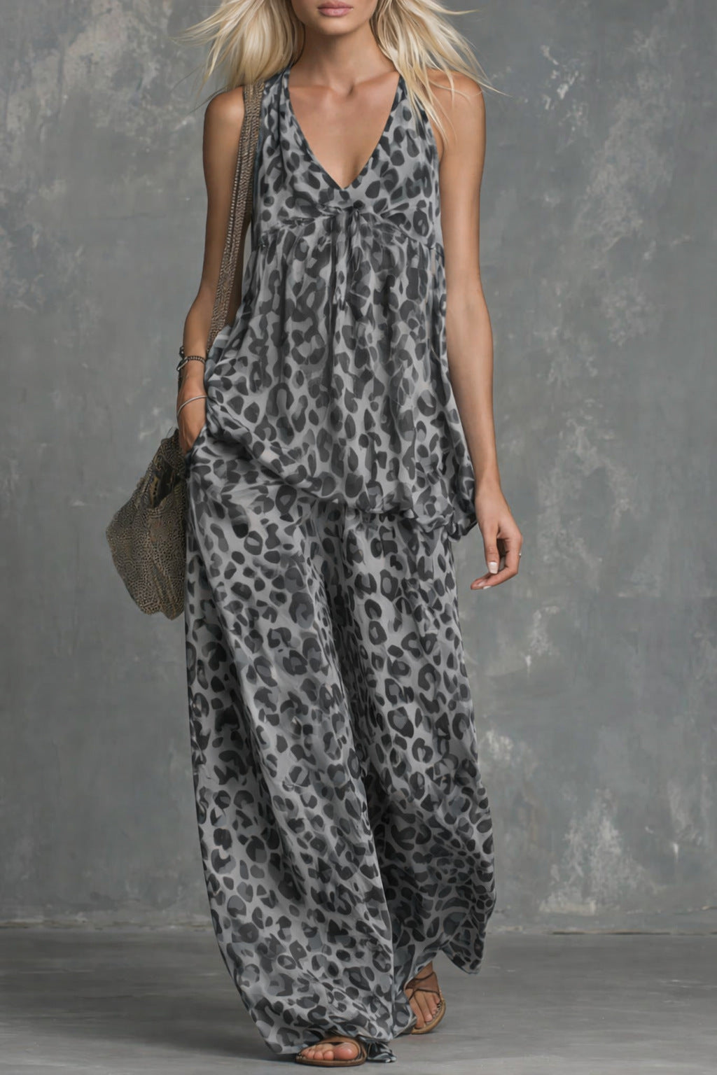 Women’s Leopard Print Sleeveless Top and Chiffon Pants Set FitiqueFit