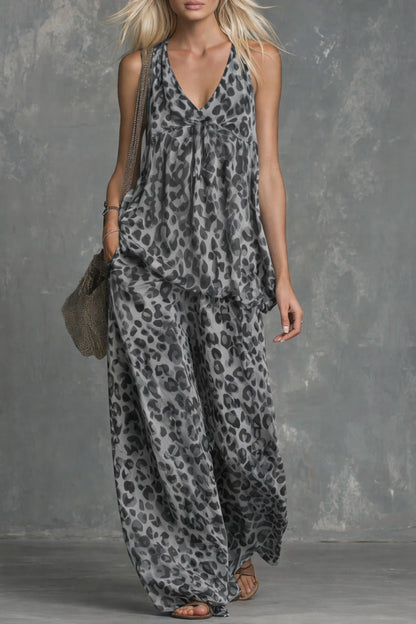 Women’s Leopard Print Sleeveless Top and Chiffon Pants Set FitiqueFit