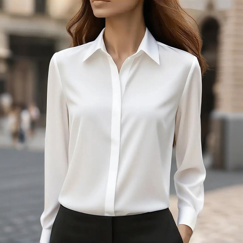 Loose Fit Satin Blouse — V-Neck Long Sleeve Tunic Top for Office & Casual Wear FitiqueFit