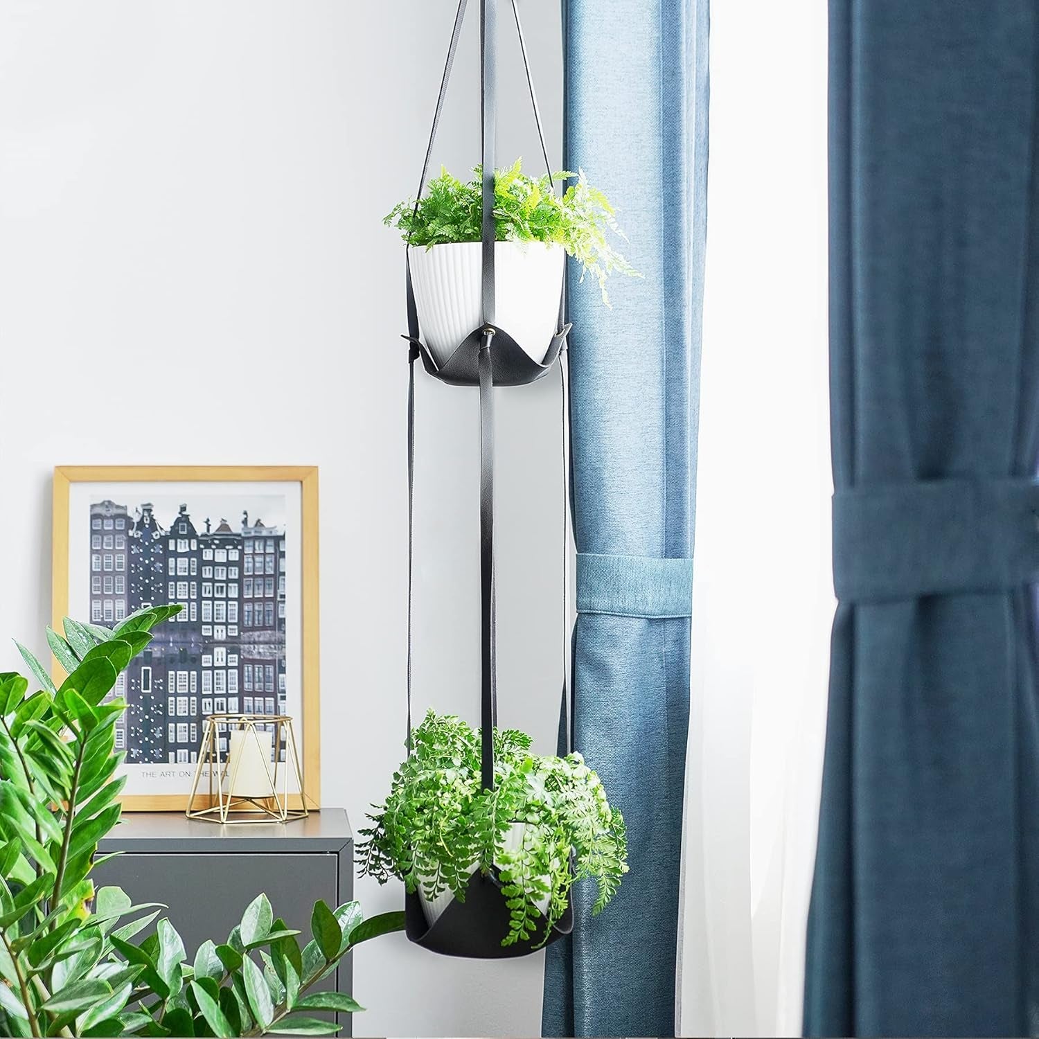 Leather Plant Hanger with Pot Included - Hanging Planters Basket with Plastic Planter 6'' (1 Adjustable Plant Hangers and 2 Pots) Hanging Plant Holder for Home Decor 42'',Black