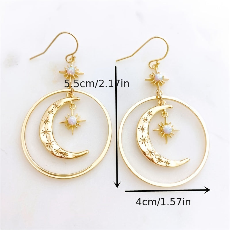 Elegant Boho-Chic Golden-Tone Moonstone Dangle Earrings for Women - Crescent Moon with Star Motifs, Zinc Alloy, Perfect for Daily Wear & Parties, Moon Earrings NovaCart