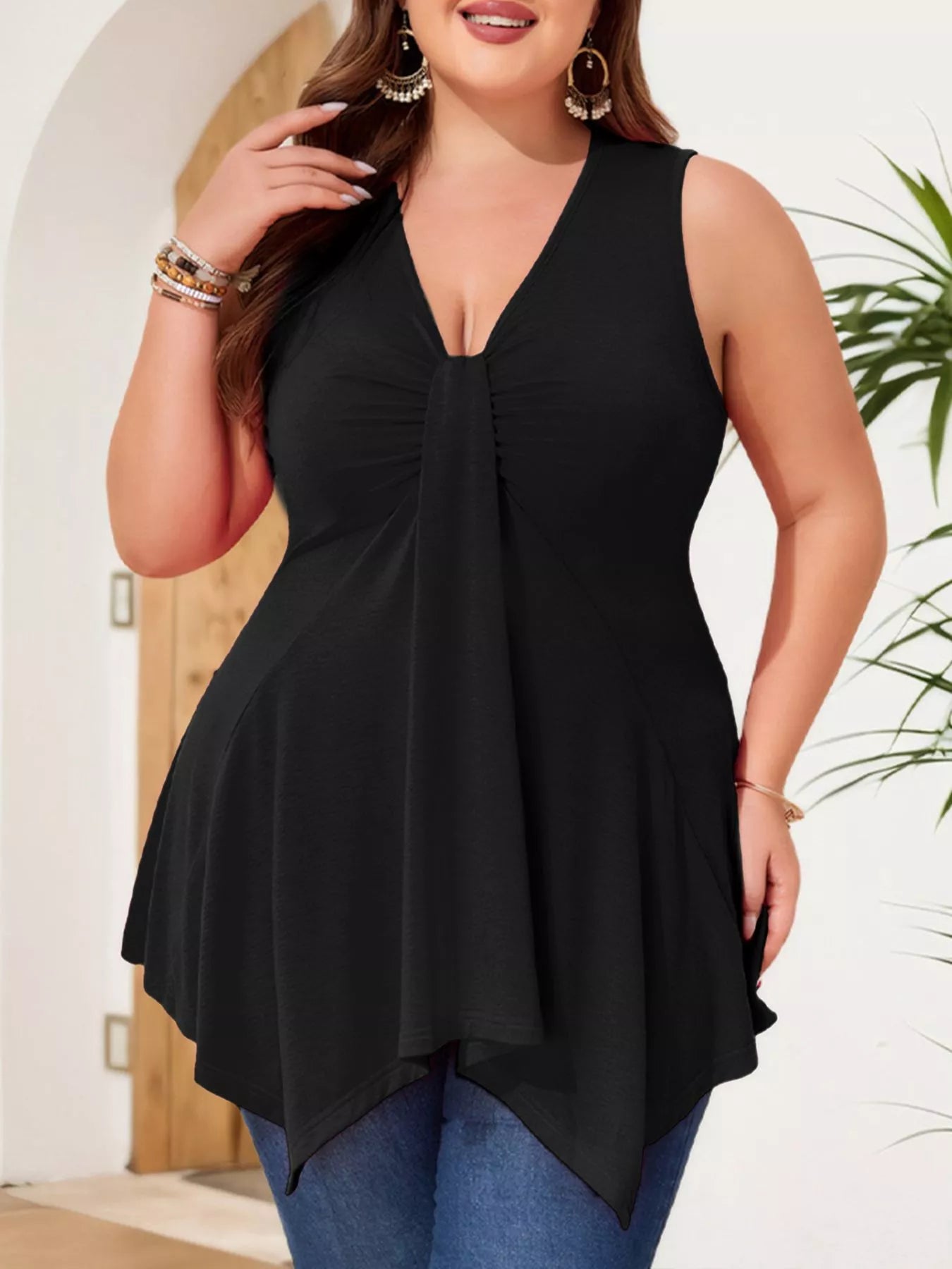 Plus Size V-Neck Ruched Flowy Tank New Era Fashion LLc