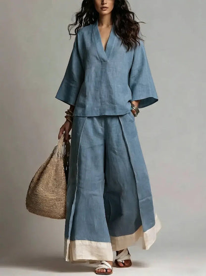 Women's Cotton-Linen V-Neck 3/4 Sleeve Shirt & Wide-Leg Pants Set FitiqueFit