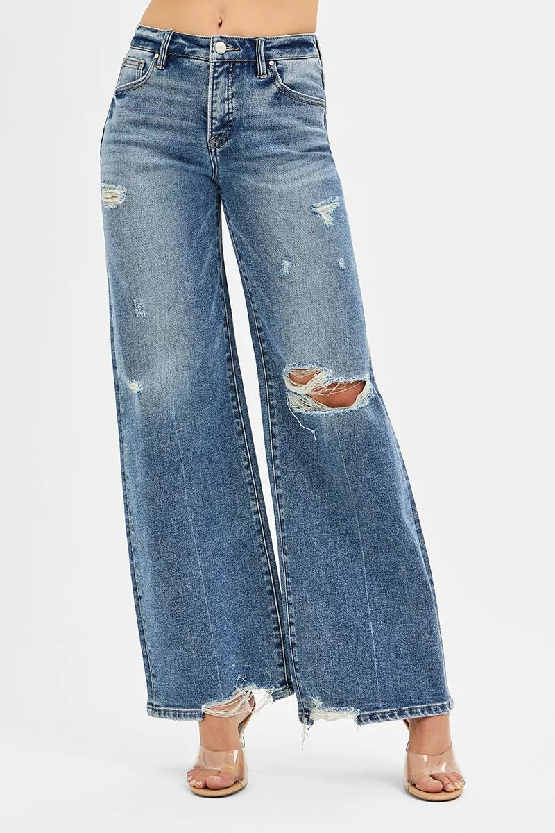 RISEN Tummy Control Mid Rise Fit Wide Jeans West2East Surf