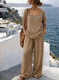 Women's Square-Neck Short-Sleeve Pantsuit – Cotton Blend Two-Piece Set FitiqueFit