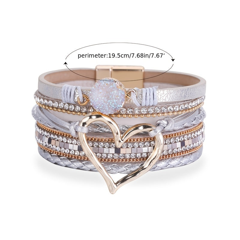 [Bohemian Heart Stone Bracelet] Bohemian Multi-Layer PU Leather Bracelet with Magnetic Clasp | Exaggerated Heart Stone Accent, Wide Cuff Statement Piece for Festival & Everyday, Style Layered Bangle - Year-Round Wear NovaCart