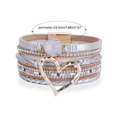 [Bohemian Heart Stone Bracelet] Bohemian Multi-Layer PU Leather Bracelet with Magnetic Clasp | Exaggerated Heart Stone Accent, Wide Cuff Statement Piece for Festival & Everyday, Style Layered Bangle - Year-Round Wear NovaCart