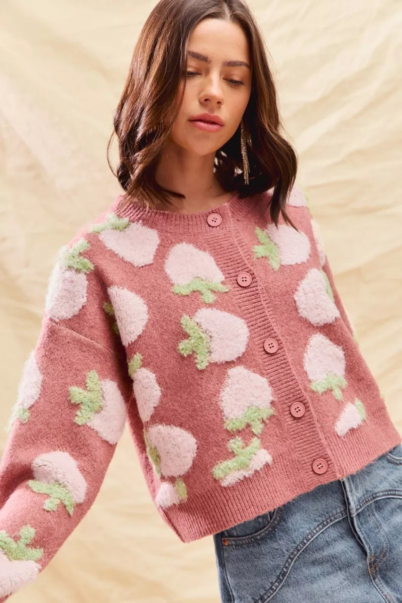 SO ME Strawberry Fruit All Over Button Sweater Cardigan FitiqueFit