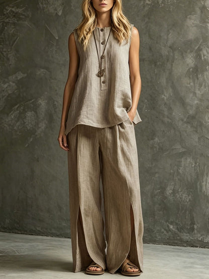 Women's Loose Sleeveless Tank Top & Slit Wide-Leg Pants Two-Piece Set FitiqueFit