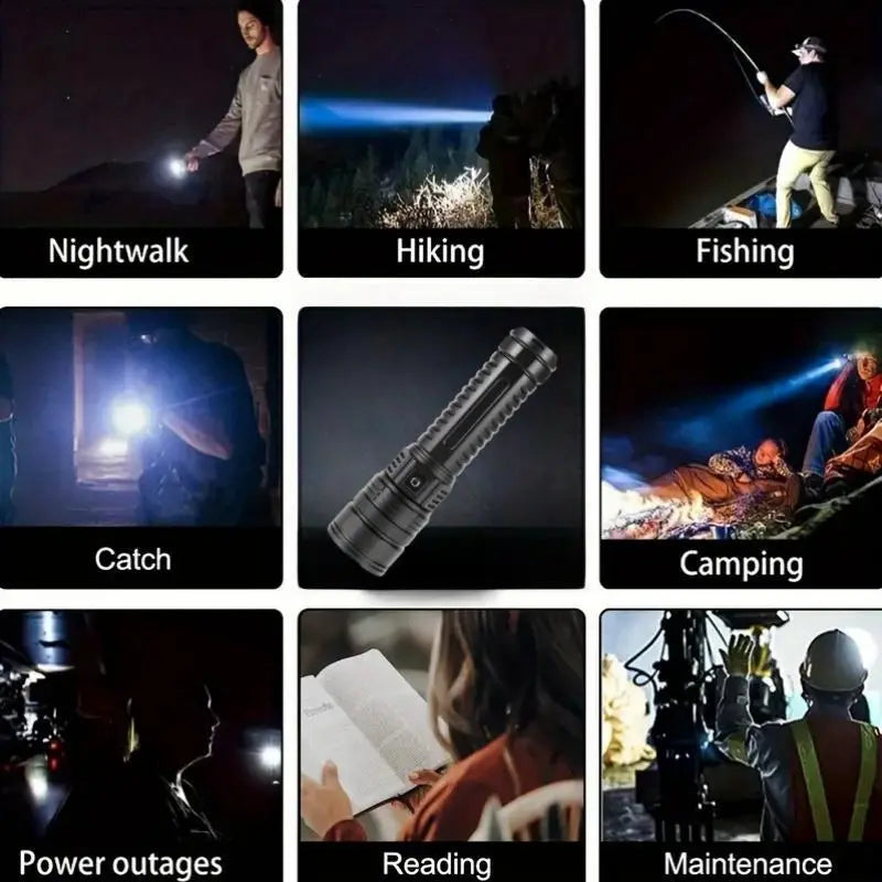 Rechargeable LED Outdoor Tactical Flashlight, 5 Modes Zoomable High-Lumens Portable LED Light with Long-Range Beam & COB Light for Camping & Hiking, Adjustable Tactical Flashlights, Emergency LED Flashlight