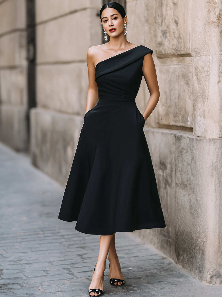 Women's Off-Shoulder Swing Dress – Solid Color Flowy Midi FitiqueFit