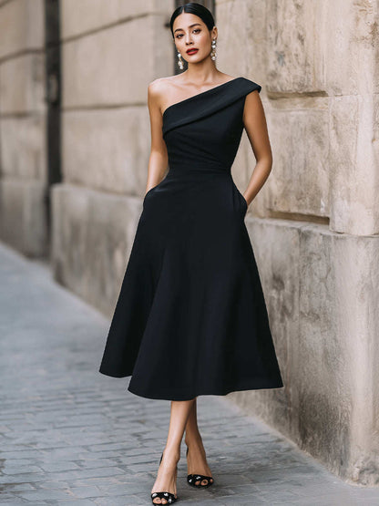 Women's Off-Shoulder Swing Dress – Solid Color Flowy Midi FitiqueFit