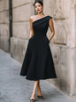 Women's Off-Shoulder Swing Dress – Solid Color Flowy Midi FitiqueFit