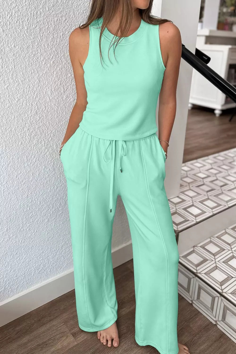 Drawstring Elastic Waistband Solid Color Two Piece Casual Set New Era Fashion LLc