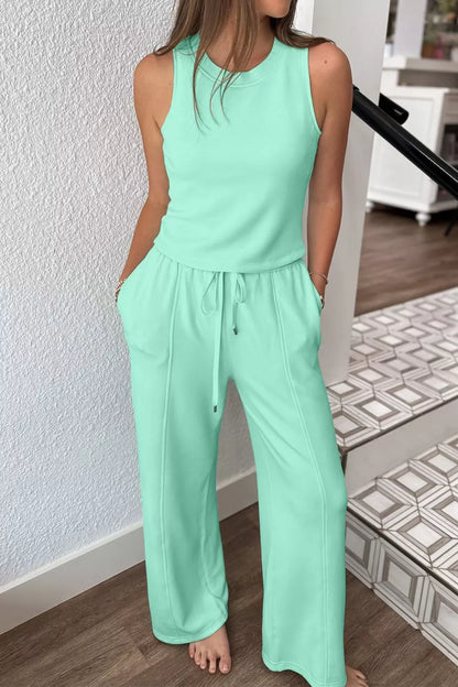 Drawstring Elastic Waistband Solid Color Two Piece Casual Set New Era Fashion LLc