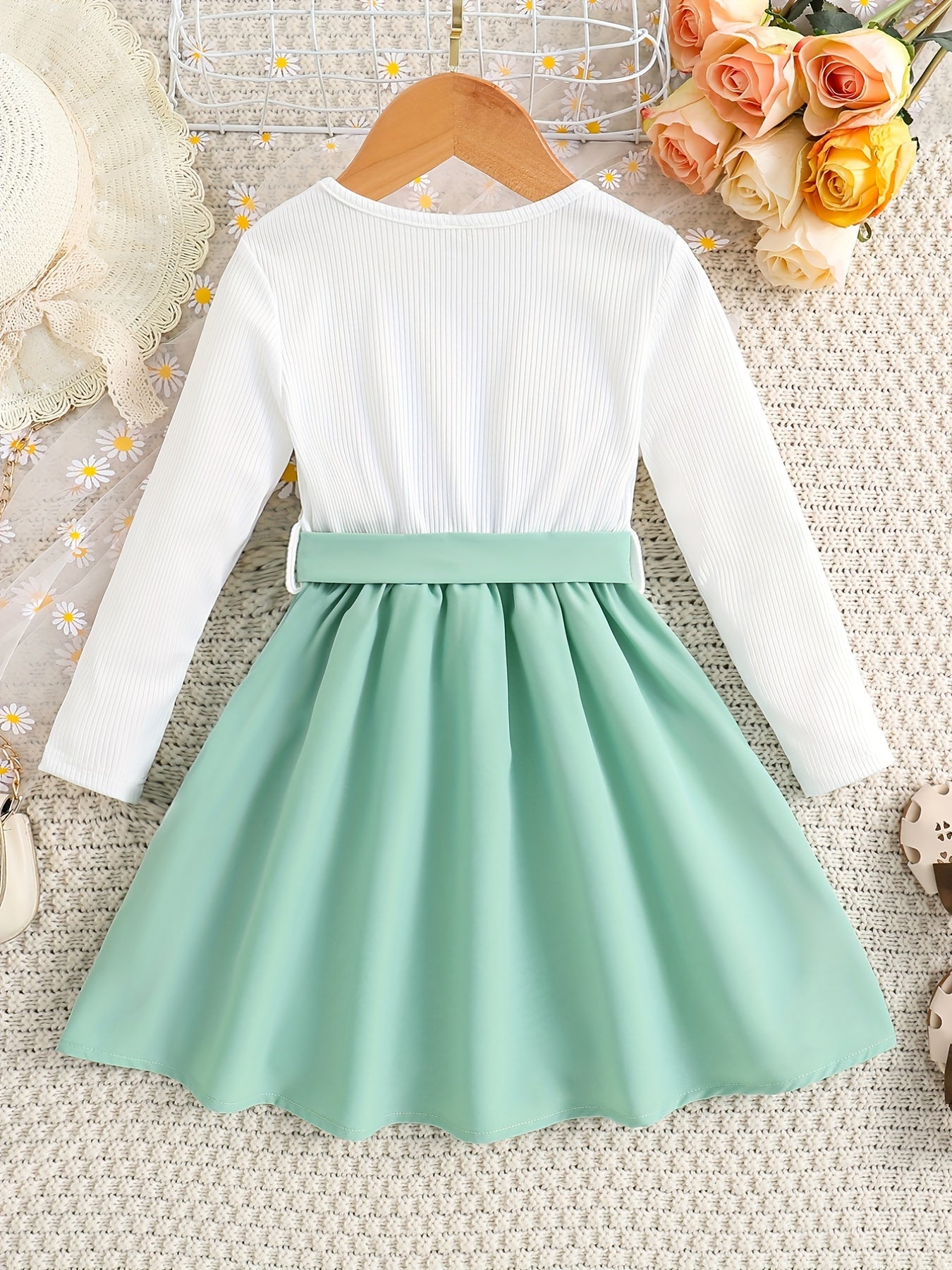 Girls' Elegant Floral Print Long Sleeve Dress with Ruffled Hem & Waist Tie - Knee-Length A-Line Skirt, Round Neck, Non-Stretch Fabric, All-Season Casual to Formal Outfits NovaCart