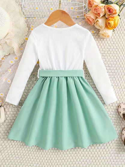 Girls' Elegant Floral Print Long Sleeve Dress with Ruffled Hem & Waist Tie - Knee-Length A-Line Skirt, Round Neck, Non-Stretch Fabric, All-Season Casual to Formal Outfits NovaCart