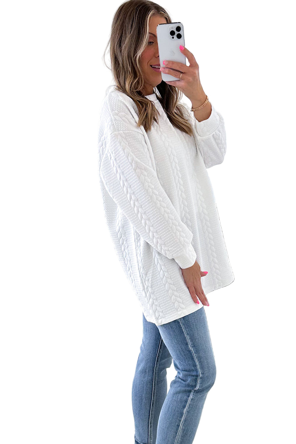 White Textured Loose Plus Size Long Sleeve Top Garden Naked Curves