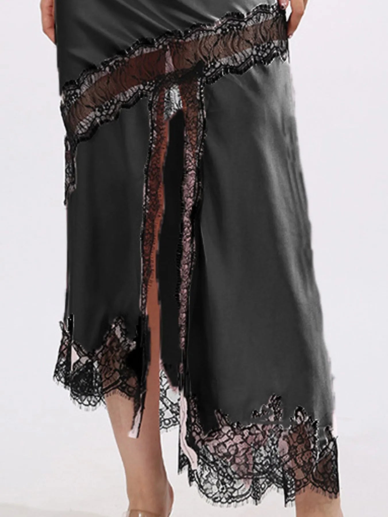 Lace Trim Asymmetrical Midi Skirt See size chart under “more details” The Fashion Celestial