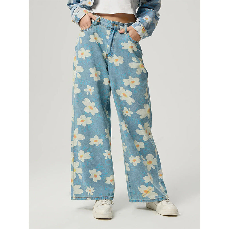 Women's Vintage Floral Print Straight-Leg Jeans FitiqueFit