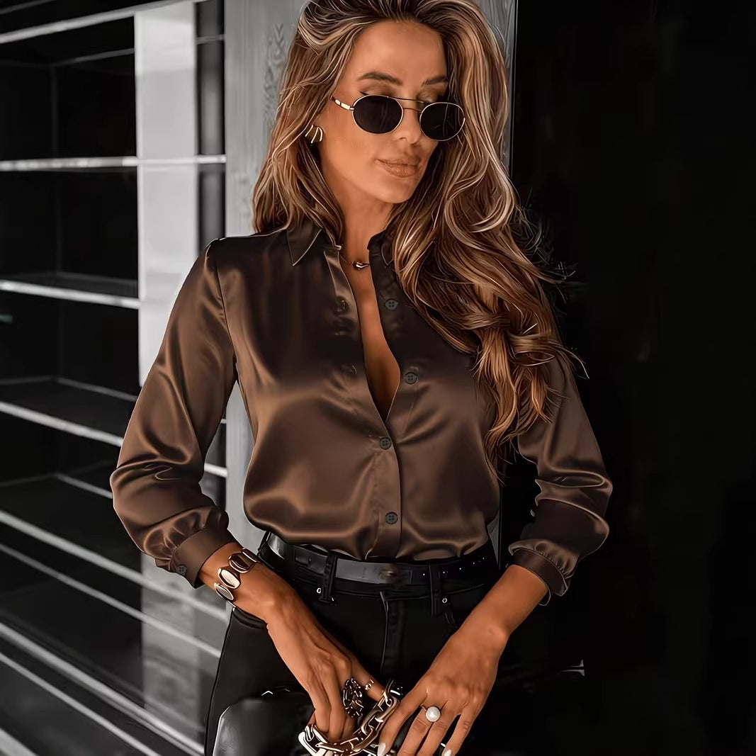 Women's Drapey Satin Lapel Shirt Long Sleeve FitiqueFit