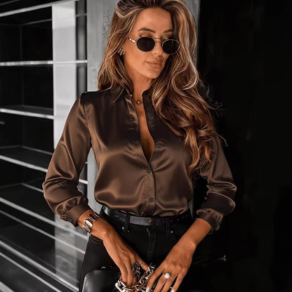 Women's Drapey Satin Lapel Shirt Long Sleeve FitiqueFit
