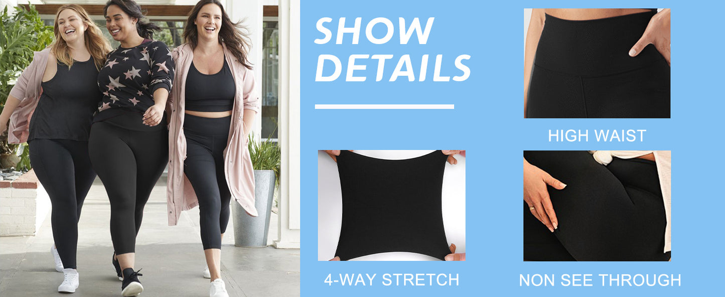 Women'S Plus Size Capri Leggings, High Waist Tummy Control, 4X Stretch, Pocket Detail, Solid Black, Knit Fabric, Polyester 92%, Spandex 8%, 210g/m², All Season Skinny Yoga Pants NovaCart