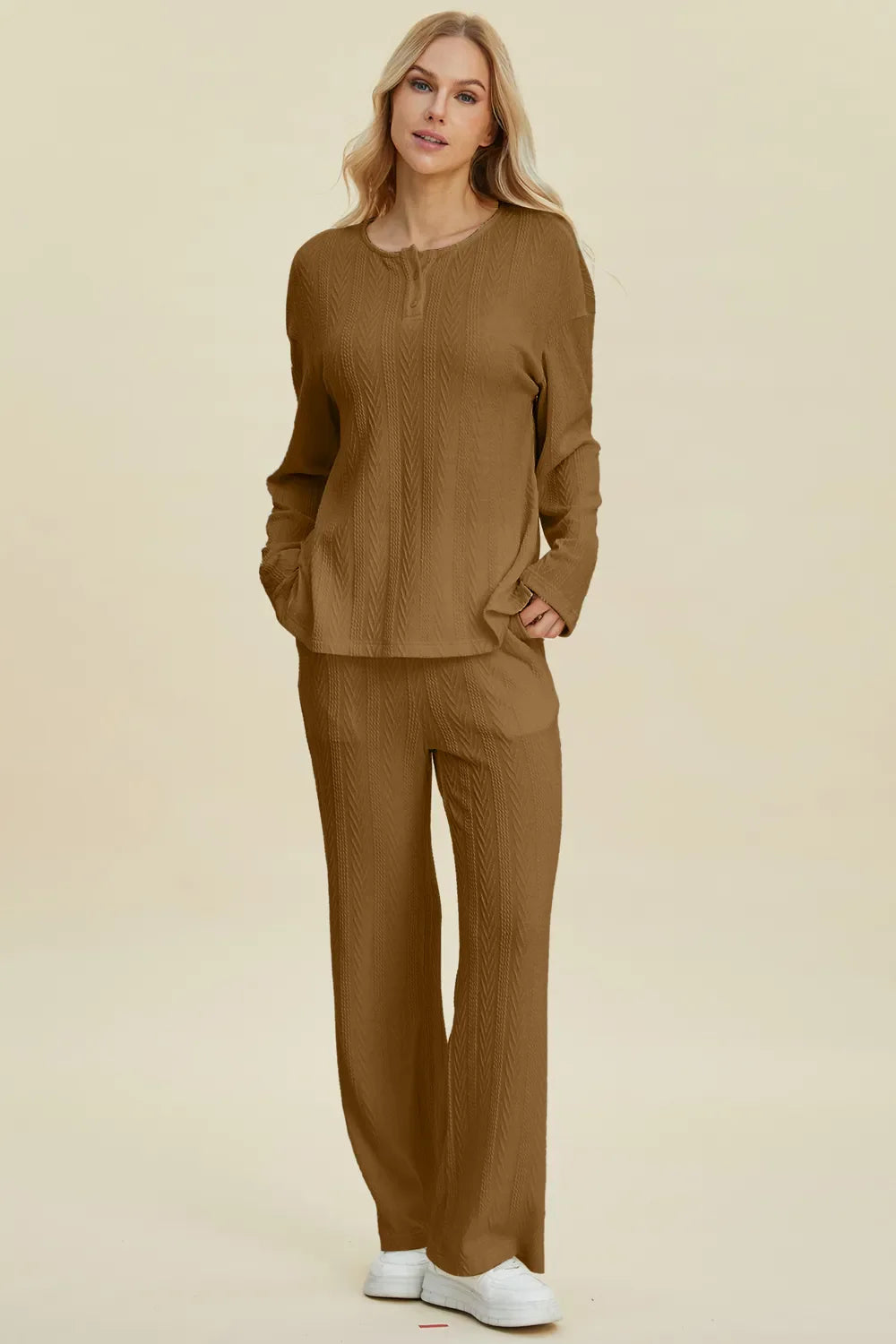 Double Take Full Size Cable-Knit Long Sleeve Top and Pants Set West2East Surf