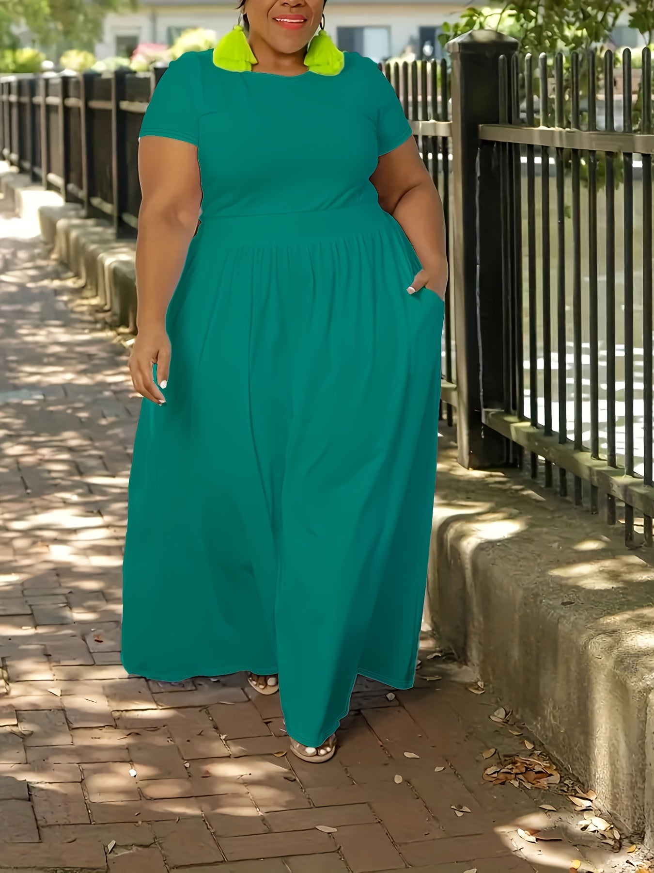 Plus Size Solid Short Sleeve Maxi Dress, Women's Plus Medium Stretch Elegant Long Dress NovaCart