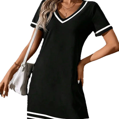 Women's Contrast-Color V-Neck A-Line Dress – Short Sleeve, Elegant, Mid-Rise FitiqueFit