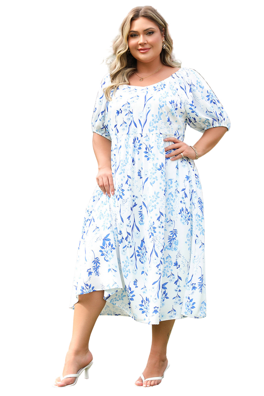 Sky Blue Floral Print Sweetheart Neck Plus Size Midi Dress Garden Naked Curves