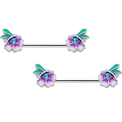 14G 9/16 Blue Gem Faerie Flower Purple Barbell Nipple Ring Set BodyCandy